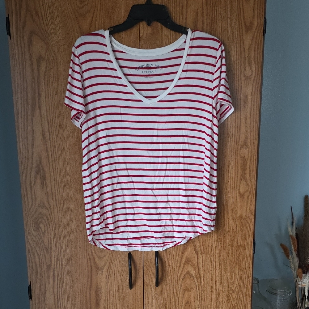 Aeropostale Red and White Striped V-Neck Tee